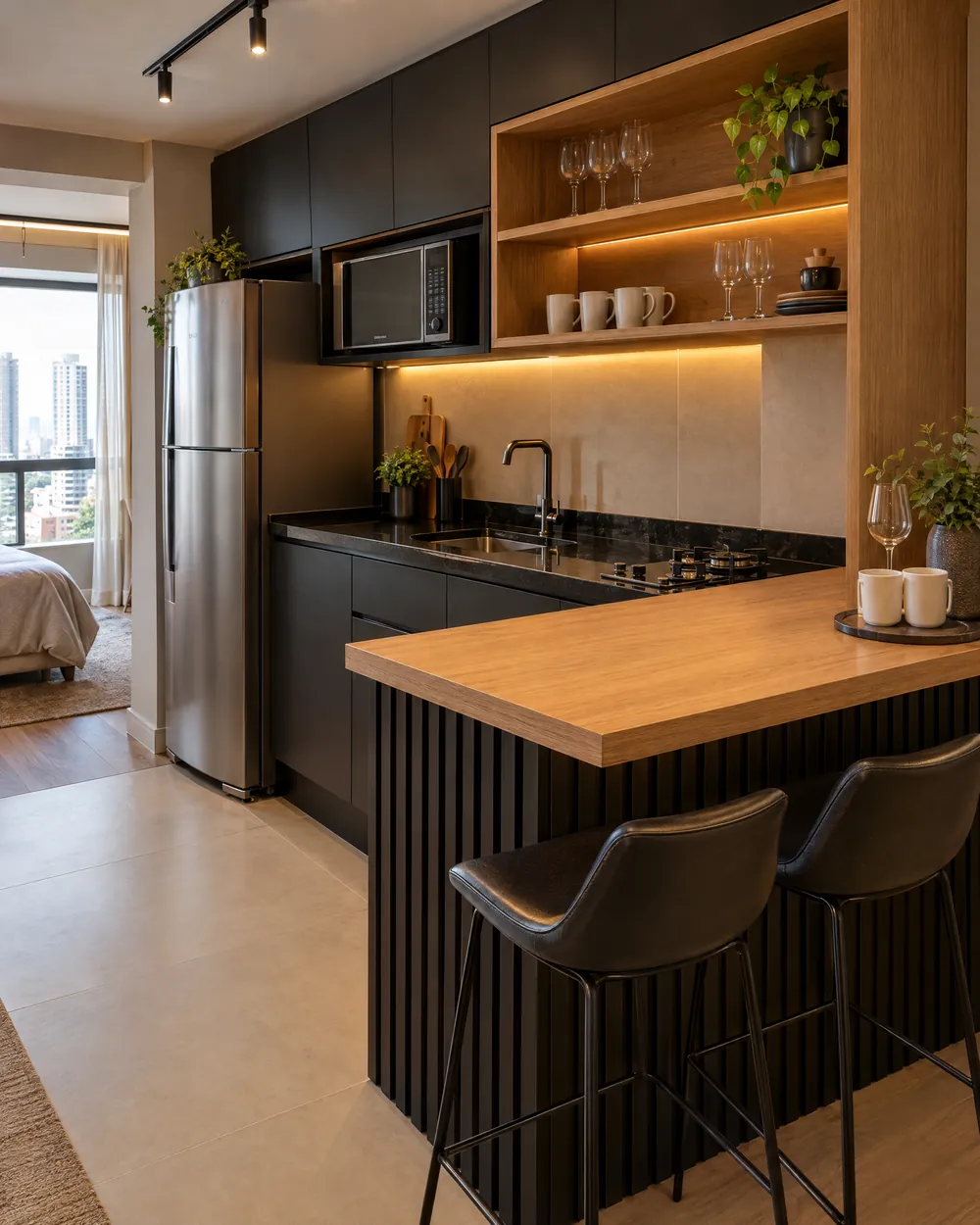 Cozinha compacta equipada para hospedagem