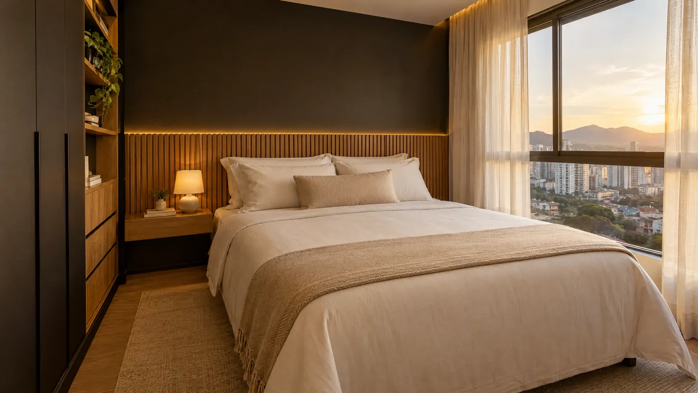 Quarto de hóspedes com cama arrumada e iluminação quente
