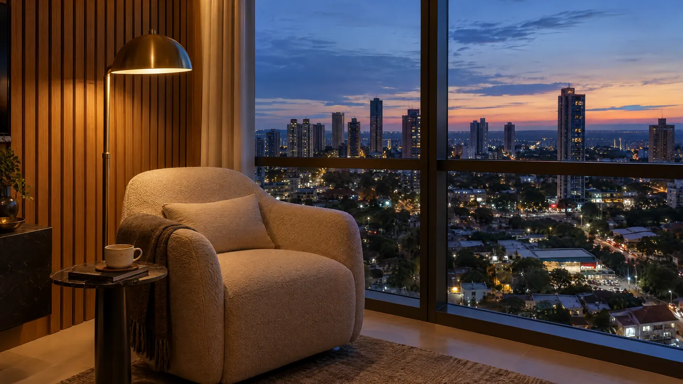 Sala de estar conceitual com poltrona, cortinas e vista noturna da cidade